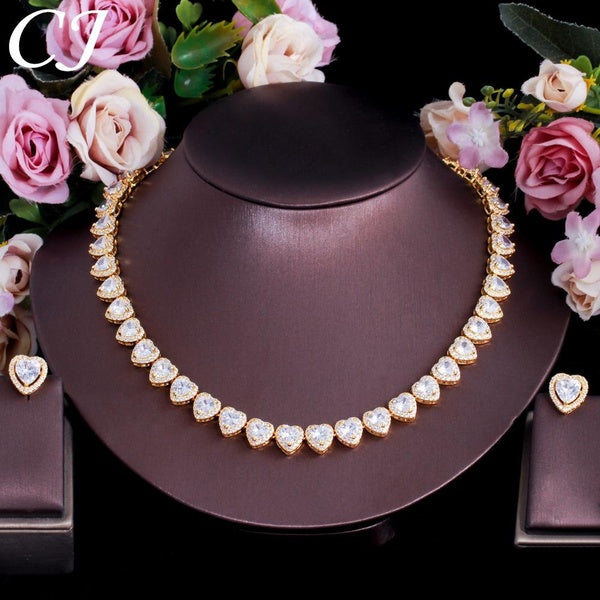 CANDICE Luxury Wedding Jewelry Set Paved Heart Shape White AAAAA Cubic Zircon Stones Yellow Gold Plating Choker Necklace Stud Earrings Sets for Brida