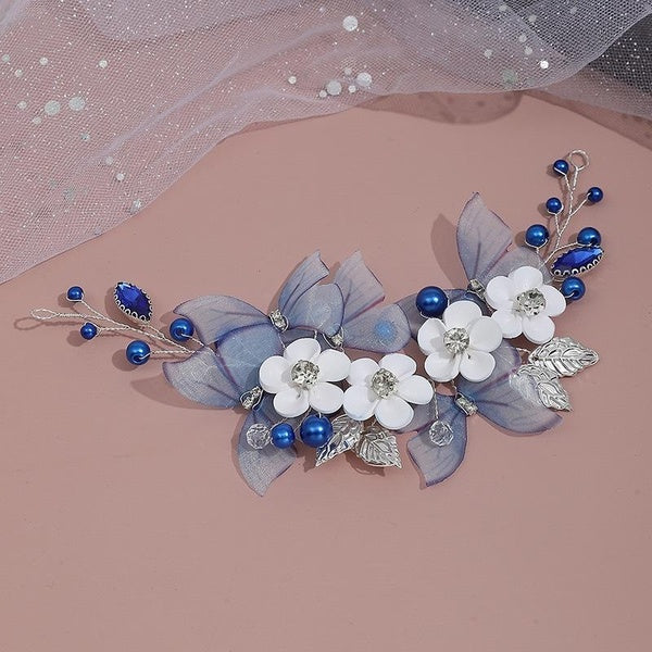 Vintage Ceramic Flower Blue Butterfly Hair Clip Wedding Hair Accessories, Handmade Fairy Side Hair Clip Bridal Halloween Headwear for Hairstyle Matron Inn