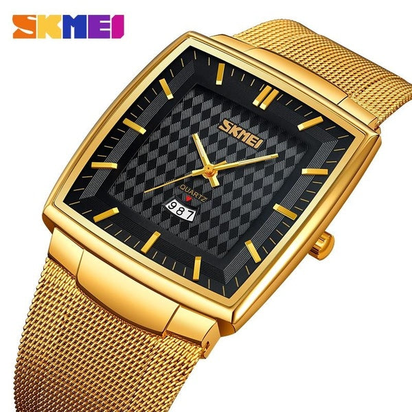 SKMEI - montre-bracelet à Quartz carrée Ultra-mince, bracelet en acier inoxydable, Date automatique, mouvement à Quartz, montre de luxe pour hommes,