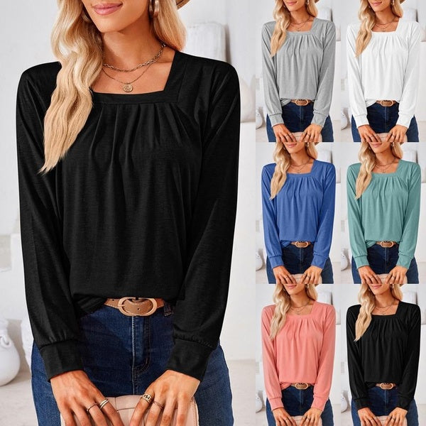 Women's Fashion Square Neck Long Sleeve Blouses Ladies Pleated Jacquard Shirts Casual Solid Loose T-shirts for Female