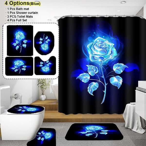 Bathroom Shower Curtain Set 3D Blue Rose Flower Shower Curtain Set Waterproof Shower Curtain+ Non Slip Bathroom Pedestal Rug + Toilet Lid Cover + Flo