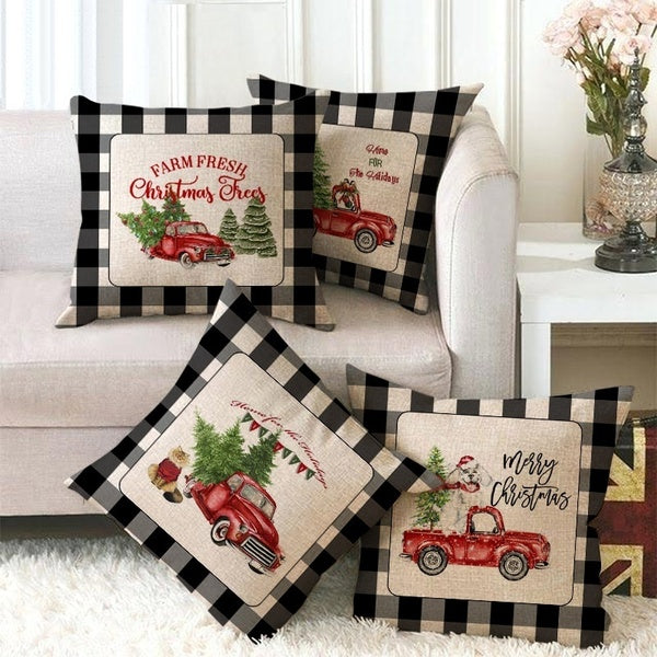 Merry Christmas Linen Pillowcase Xmas Throw Cushion Cover Deer Red Plaid Cover Case Gift Home Decor (The Pillow Inner Is Not Included)