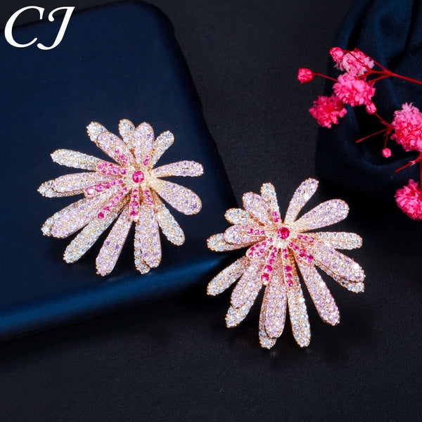 CANDICE Bling Pink Daisy Flower Cubic Zirconia Luxury Big Stud Earrings with Gold Plated Women Jewelry for Party Dress Accessories Matron Inn