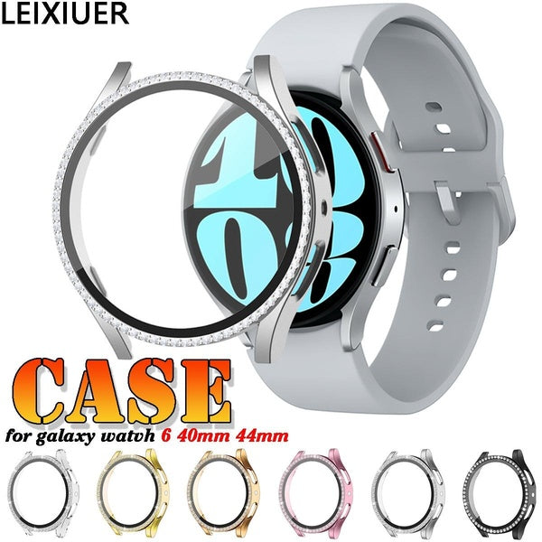 LEIXIUER Tempered Glass with Diamond Case for Samsung Galaxy Watch 6 40mm 44mm Women Screen Protector Accessories Bling PC Bumper+Screen Protector Co