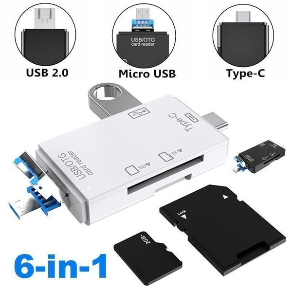 1Pc Multifunctional 6 In 1 Card Reader USB 2.0 Type C Adapter Smart OTG Card Reader Laptop Smartphone