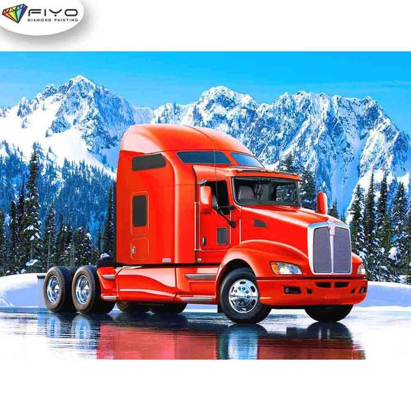 FIYO Red Trucks and Snow Mountains Diamond Painting Kits For Adults DIY 5D Diamond Mosaic Diamond Painting Home and Kitchen Fashion Canvas Pictures W