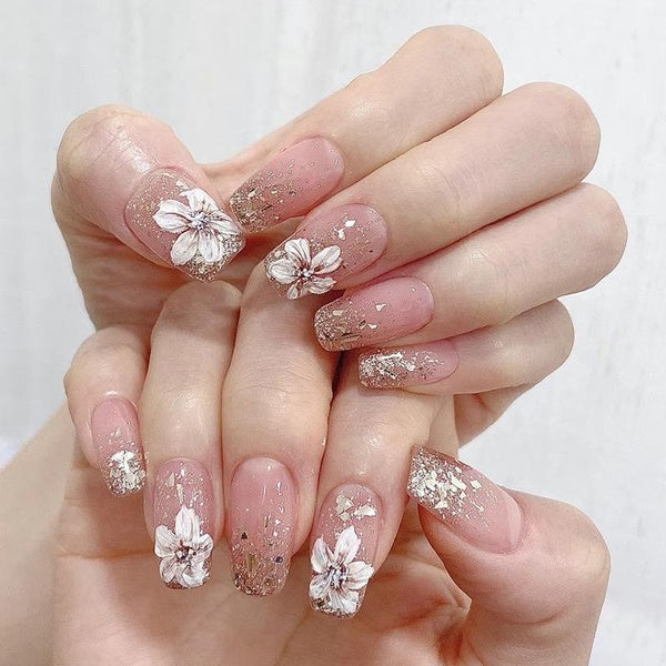 24pcs Medium Flat Press on Nails Camellia Floral Fake Nails Glitter Flower Coffin False Nails Full Cover Ballerina Acrylic Nail for Women Girls Nail