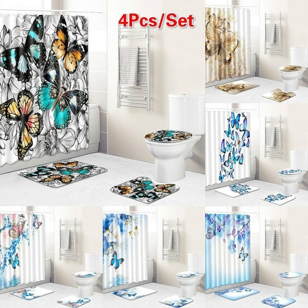 4Pcs-Set Butterfly Shower Curtains Bathroom Mat Non Slip Pedestal Rug + Lid Toilet Cover + Bath Mat（6 Style）