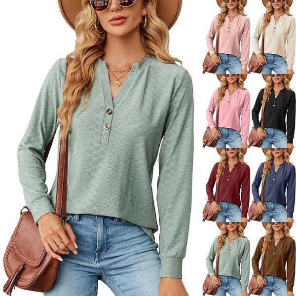 Women's Autumn Winter Jacquard Blouses Ladies Fashion Casual V Neck Long Sleeve T-shirts High Quality Soft Tops