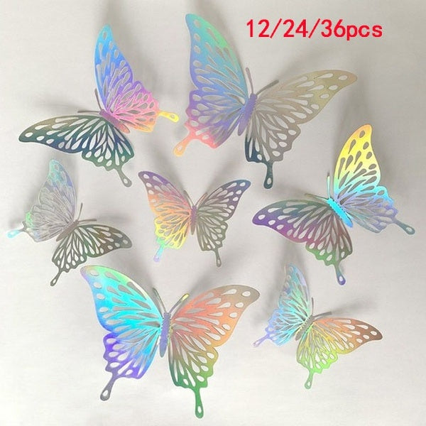 Colorful 3D Butterfly Wall Stickers Removable Metallic Wall Sticker Room Stickers Mural Decals Decoration for Home Party Wedding Decor DIY Gift 12-24
