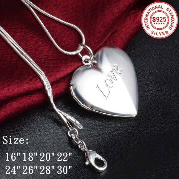 925 Sterling Silver Heart Photo Frame Love Pendant Snake Chain Necklace 18-20-22-24-26-28-30- Inch for Womens Charm Wedding Fashion Fine Jewelry