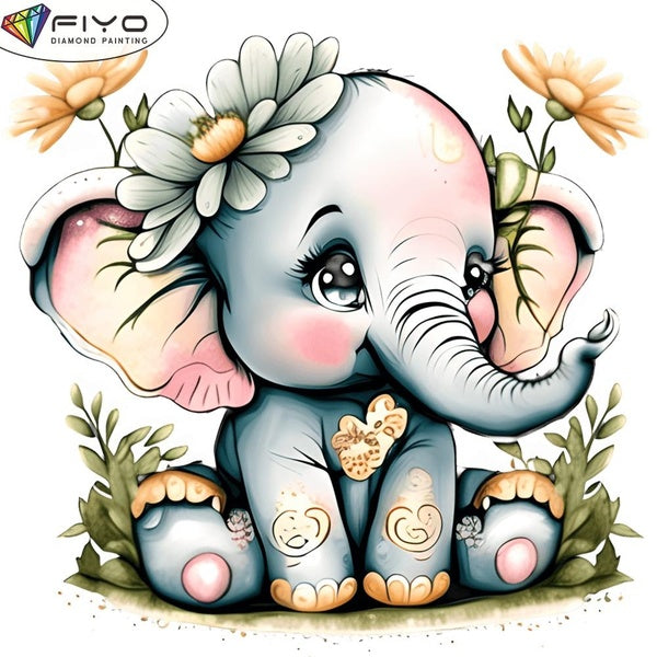 FIYO DIY 5D Baby Elephant Diamond Painting Full Drill with Number Kits Home and Kitchen Fashion Mosaic Diamond Painting Canvas Wall Decoration Gift C