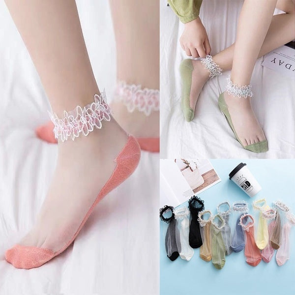 New 1 Pairs Beautiful Sock Women Transparent Crystal Lace Elastic Short Socks Girl Socks