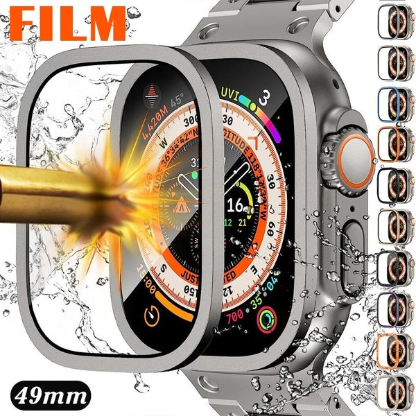 Screen Protector for Apple Watch Ultra 2-Ultra 49mm for Iwatch Ultra，Tempered Glass with Aluminum Alloy Metal Frame Frame Bumper Accessories Anti-Scr