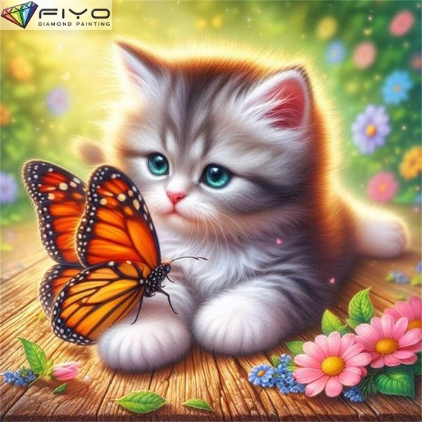 FIYO Cat and Butterfly DIY 5D Diamond Painting Full Drill with Number Kits Home and Kitchen Fashion Mosaic Diamond Painting Canvas Wall Decoration Gi