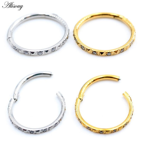Alisouy 1PC Acier Inoxydable Losange Zircon Rond Charnière Clicker Nez Septum Anneaux Créoles Cartilage Boucles D'oreilles Corps Piercing Bijoux