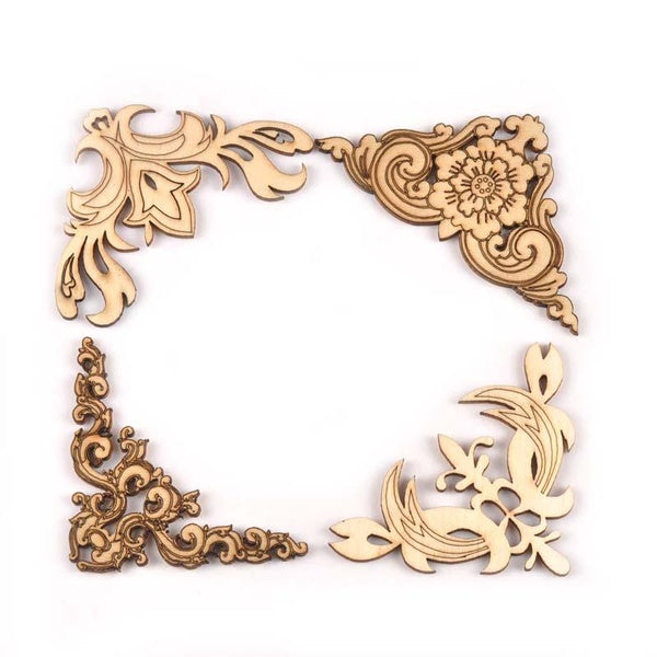 4Pcs 7cm Mixed Flower Lace Corner Wood DIY Crafts Scrapbooking For Handmade Home Decor Wooden Ornaments Embellishments MT1909
