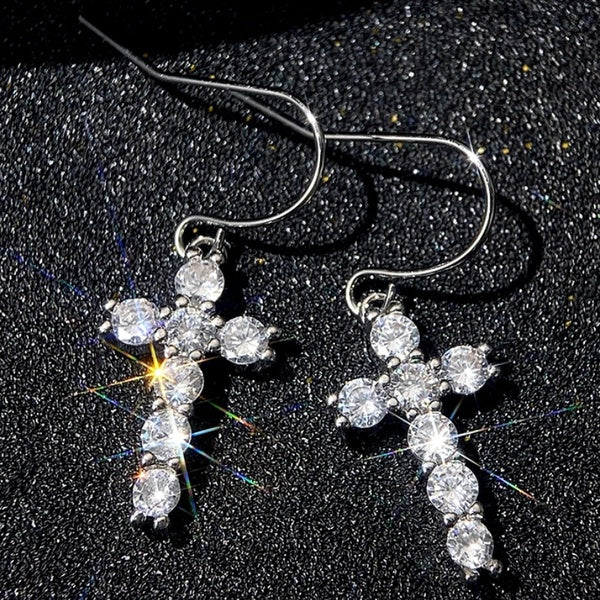 Boucles d'oreilles croix pour femmes argent plaqué laboratoire diamant croix boucles d'oreilles pendantes mariée fiançailles mariage accessoires de m