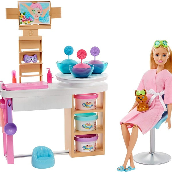 Barbie Face Mask Spa Day Playset with Blonde Barbie Doll, Puppy, 3 Tubs of Barbie Dough and 10+ Accessories to Create and Remove Face Blemishes on Do