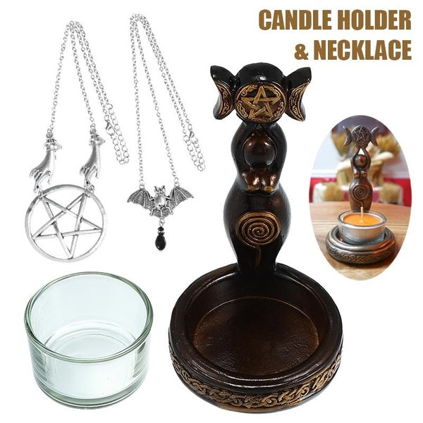 4Pcs Witchcraft Supplies Kit 4.75 Inch Moon Triple Goddess Sculpture Tealight Candle Holder with Glass Cup and Bats & Pentacle Pendant Necklace Set f