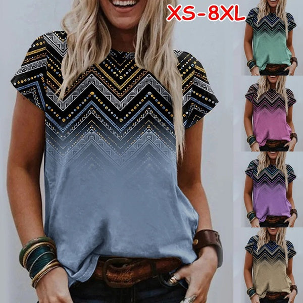 XS-8XL Women's Fashion Summer Clothes Casual O-neck Short Sleeved Tops Ladies Geometric Printed Blouses Loose T-shirts Plus Size Soft and Comfortable