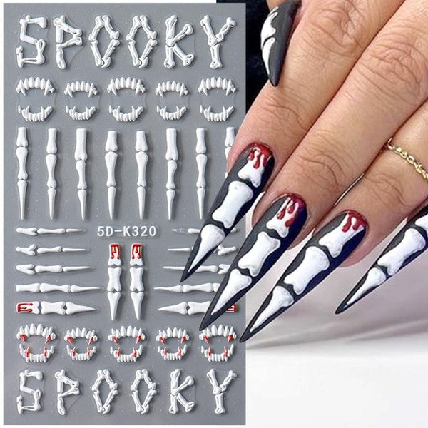 5D Halloween Nail Stickers White Bones Design Spooky Ghost Pumpkin Sliders for Nails Glitter Heart Spider Web Manicure Decals