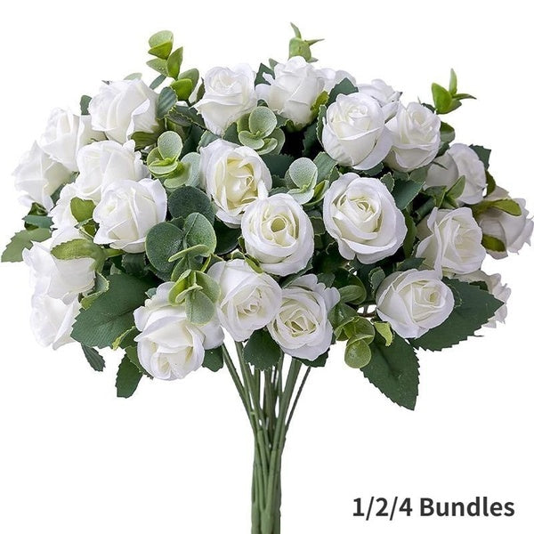 10 Heads Artificial Flower Silk Rose White Eucalyptus Leaves Peony Bouquet Fake Flower for Wedding Table Party Vase Home Decor (1-2-4 Bundles)