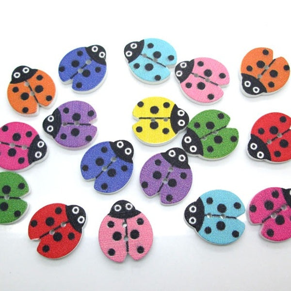 50Pcs Mixed Ladybug Wood Shape Apparel Sewing Buttons For Kids Clothes Scrapbooking Decorative Handicraft DIY Accessories