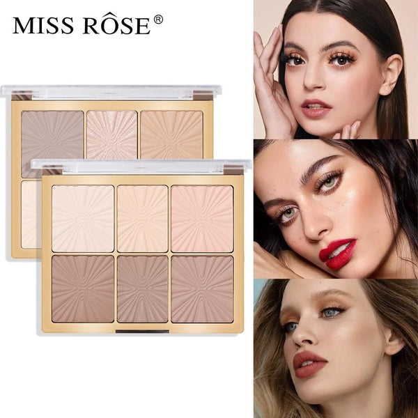 Miss Rose 6 Color Pure Color Envy Eyeshadow & Blush Highlight Makeup Highlighter Stereo Finish All-in-One Make Up Palette