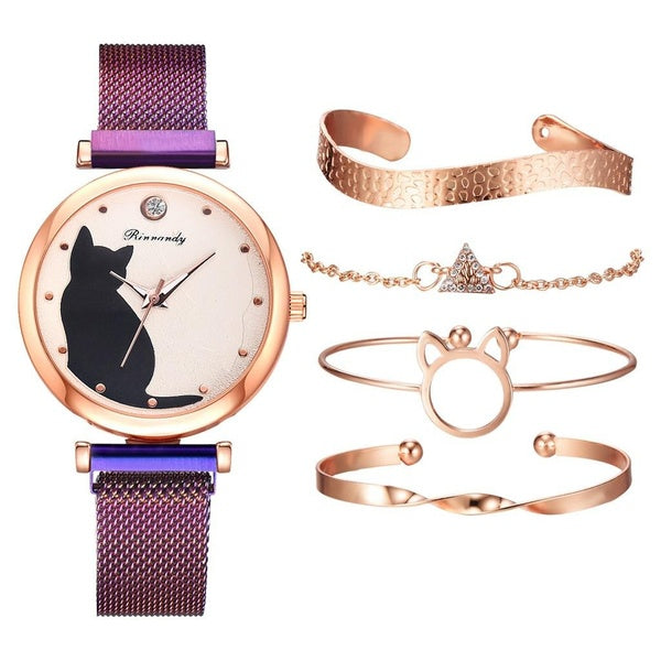 5pcs - Set Women Watches Rose Gold Bracelet Set Cat Pattern Black Magnet Watch Ladies Bracelet Luxury Wristwatches