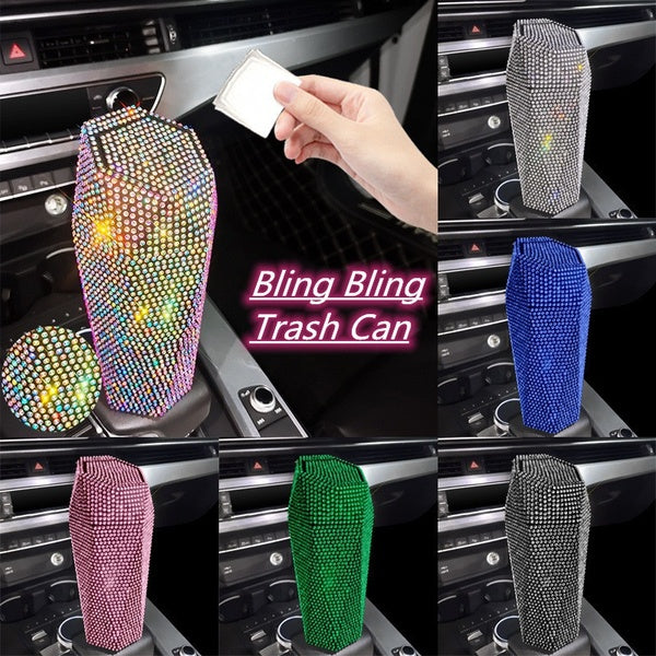 Bling Rhinestone Car Trash Bin with Lid,Small Car Garbage Can Leakproof Dustbin Organizer Container for Car Office Home