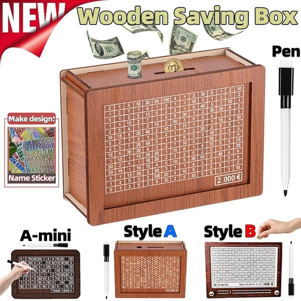 Boîte d'épargne en bois 2 styles tirelire pièce de monnaie avec compteur d'objectifs autocollants de nom faits à la main rétro personnalisé pot de pi