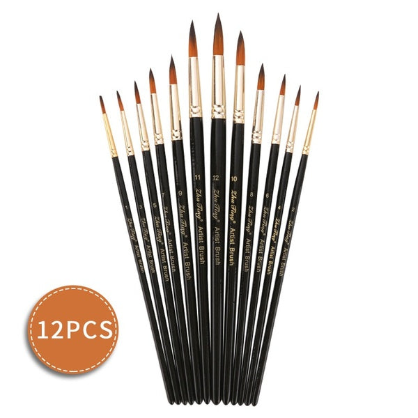 12 PCS black brushes for painting with two-color nylon hair and round front oil brushes, two types of pointed and flat heads, fine art painting tools