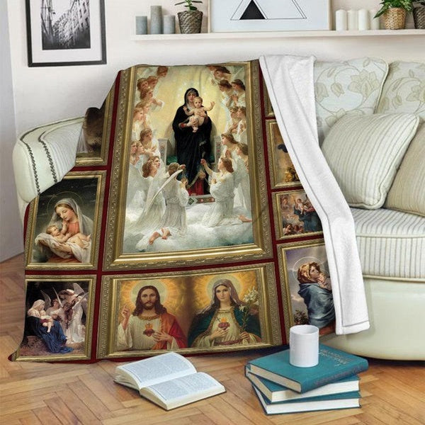 Relief Prayer Jesus and the Virgin Angels Cross Blanket Portable Home Office Tourism Creative Religious Blanket Sherpa Throw Blanket