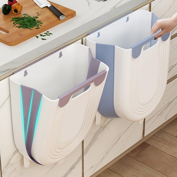 1pc Kitchen Trash Can, Folding Household Cabinet Door Wall Hanging Storage Bin, Pulling Trash Can, Kitchen Waste Garbage Basket