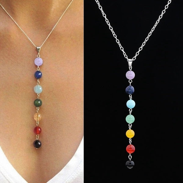 7 Chakra Reiki Beads Healing Gemstone Charms Pendant Yoga Balancing Necklace Lapis-Turquoise-Amethyst-Jade (Size: 18 , Color: Multicolor)