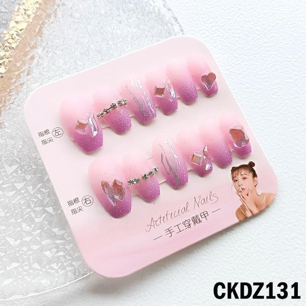 Water Drop Diamond False Nail Purple Gradient Glitter Powder Wearable Nails Pink and White Love Bow Ballerina Nails Shining Stars Fake Nails With Glu