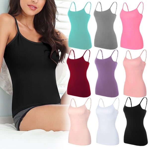 Women's Stretch Cotton Camisole With Built-In Shelf Bra, Plus Size Adjustable Spaghetti Straps Sleeveless Tank Tops