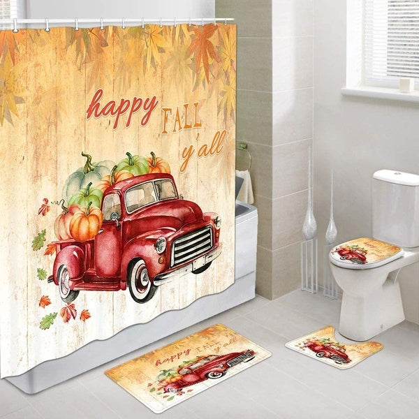 (1-3-4pcs) Fall Thanksgiving Shower Curtain Red Autumn Harvest Pumpkin Truck in Rustic Wood Board with Fall Maple Leaves Bathroom Accessories Set wit