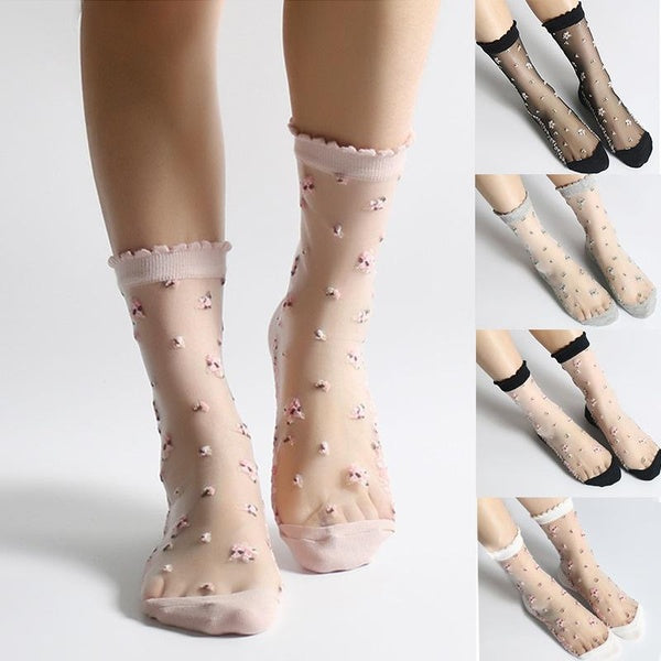 New Spring Summer Women Stockings Cotton Bottom Ultra-Thin Crystal Flower Stockings Female Adult Fairy Socks Ladies Socks