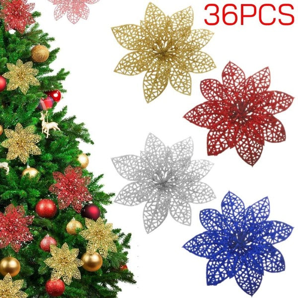 36 Pieces Christmas Glitter Poinsettia Flowers Artificial Christmas Flowers Christmas Tree Ornaments Xmas Wreaths Garland Wedding Holiday Decoration