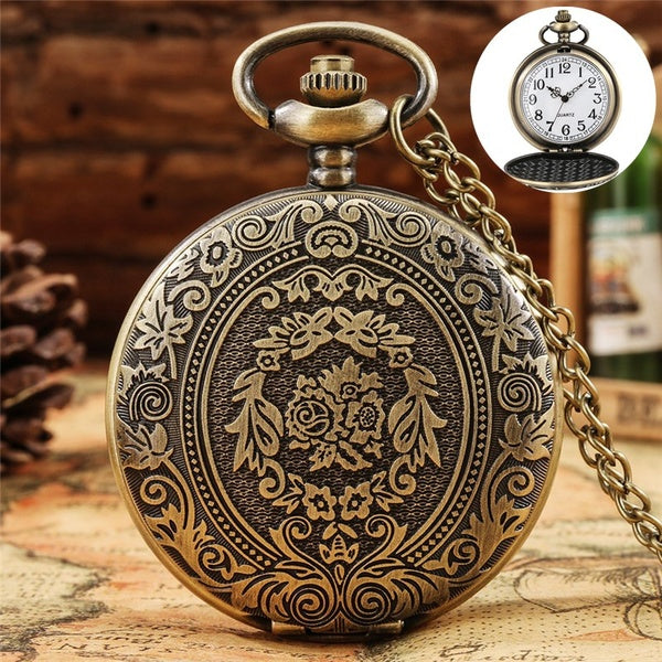 Antique Gravé Bouclier Fleur Couverture Hommes Femmes Quartz Analogique Montre De Poche avec Collier Pendentif Chaîne Reloj