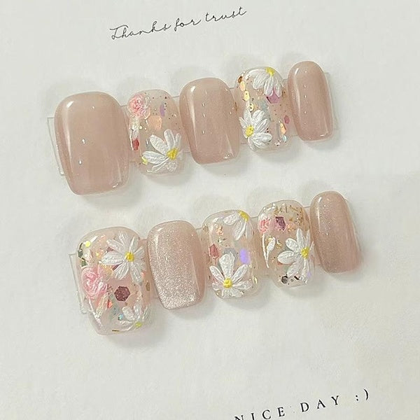 24Pcs Elegant Short False Nails Summer Oil Painting Small Flowers Acrylic Nails Green Wearable Fake Nails Art Full Cover Press on Nail