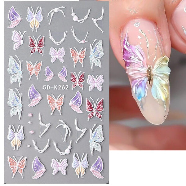 Colorful Butterfly Self-Adhesive Stickers For Nails Watercolor 5D Realistic Butterflies Wing Lace Decals Korean Style Nail Decor