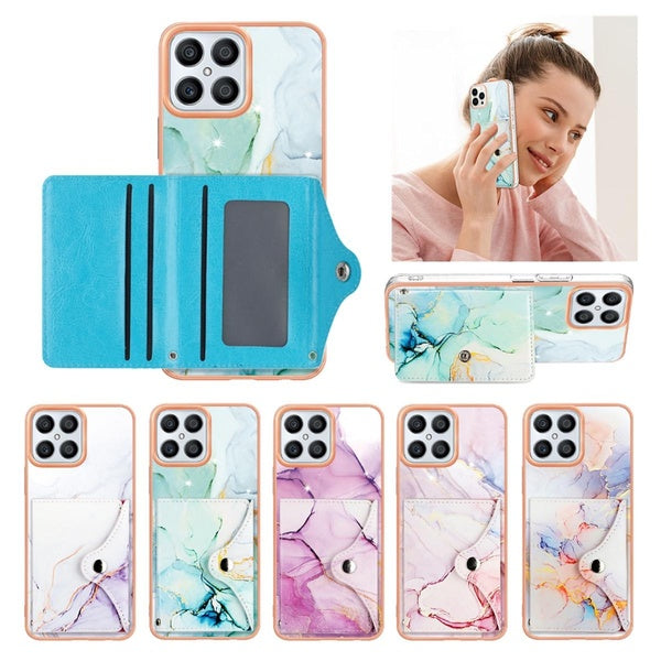 Étui à rabat arrière en cuir PU avec béquille et emplacements pour cartes pour femmes et filles avec double fermoir magnétique pour Huawei Honor X6A