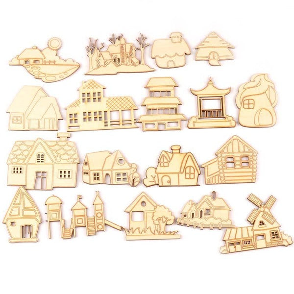 5Pcs Mixed House Pattern Natural Wooden Decoration For DIY Scrapbooking Crafts Wood Embellishment Home Decor Art Ornaments MT2526