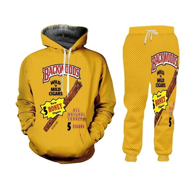 Slim Yellow O-Neck Hoodies Pullover BACKWOODS Pattern Hoodie Sweatshirt + 3D Baggy Slack Sweatpants 2PCS-Set Tracksuit Set Spring- Autumn- Winter Mat