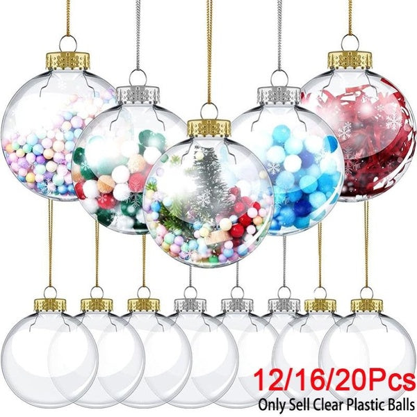 Boules de noël plates en plastique transparent de 6cm, 12-16-20 pièces, boules de noël rechargeables, ornement d'arbre de noël