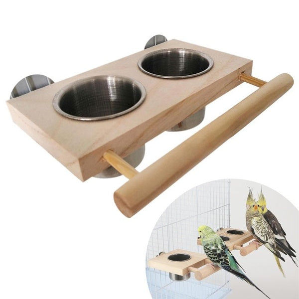 Bird Feeding Cups Parrot Feeding Cups Water Bowls with Wood Perch Stand Platform Hanging Parrot Feeder Small Bird Feeder