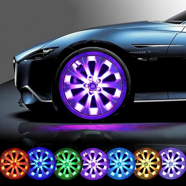 4 LED lights, solar remote control, intelligent seven-color wheel light, flashing car wheel light, wheel bulb, tire valve cap light suitable for all
